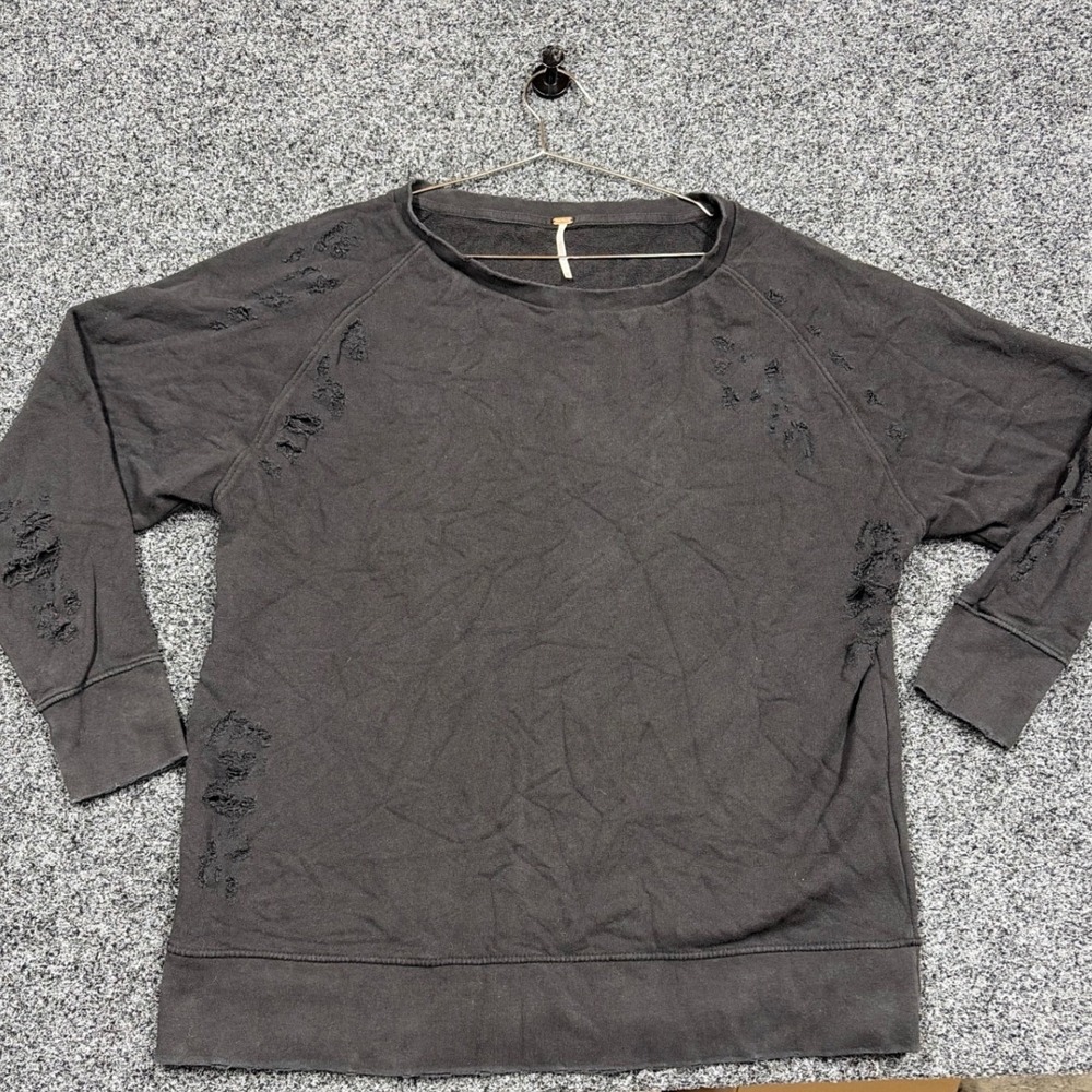 Free People Sweatshirt Women XS Black Distressed Raglan Cotton Pullover Grunge